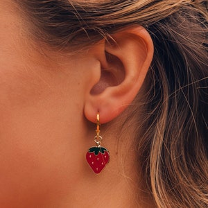 Strawberry Earrings, Gold Hoop Earrings,  Colourful Jewellery, Fruit Earrings, Colourful Earrings, Huggie Earrings, Gold  Earrings,