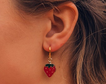 Strawberry Earrings, Gold Hoop Earrings,  Colourful Jewellery, Fruit Earrings, Colourful Earrings, Huggie Earrings, Gold  Earrings,