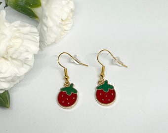 Strawberry Earrings, Gold Earrings, Fruit Earrings,  Hoop Earrings, A little something, Birthday Gift, Christmas Gift, Fillers,