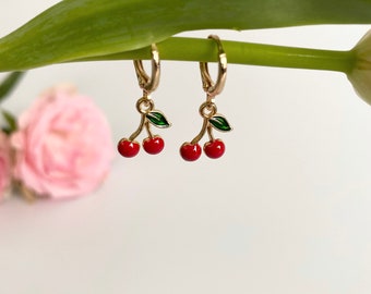 Cherry Earrings, Gold Hoop Earrings,  Colourful Jewellery, Fruit Earrings, Colourful Earrings, Huggie Earrings, Gold  Earrings,