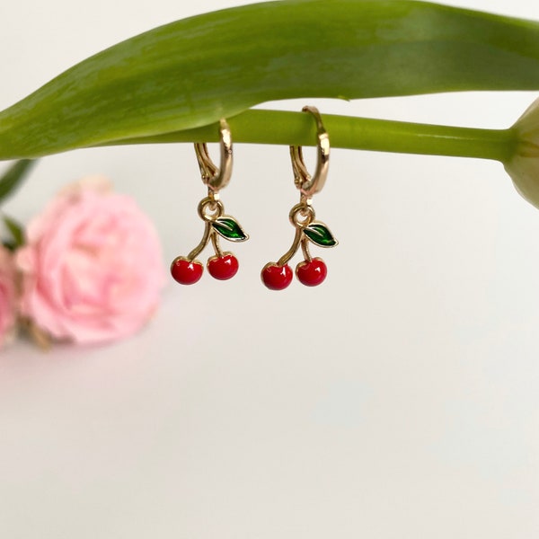 Cherry Earrings, Gold Hoop Earrings,  Colourful Jewellery, Fruit Earrings, Colourful Earrings, Huggie Earrings, Gold  Earrings,