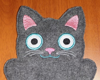 Machine Embroidered Fleece Kitty Puppet - Dark Gray Cat with Blue Eyes