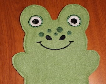 Machine Embroidered Fleece Frog Puppet - Olive Green Froggy