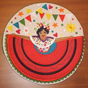 Tortilla Warmer Pouch - Insulated Microwave Safe Machine Embroidered Denim with Picture of Girl in Red Swirling Skirt 9-Inch
