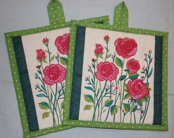 Set of Two - Machine Embroidered 8.5inch Square Trivet or Pot Holder - Floral Design with White and Blue Background - Pink Roses