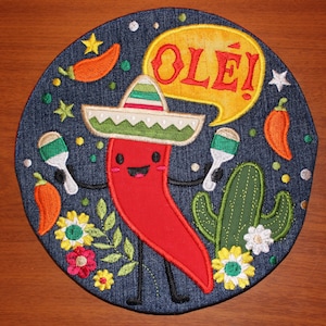 Tortilla Warmer Pouch - Insulated 9-inch Microwave Safe Machine Embroidered Blue Denim with Picture of Red Chili in Sombrero Holding Maracas