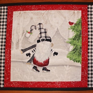 Quilted, Large Place Mat with Winter Holiday Scene Skating Gnome Placemat