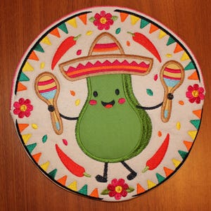 Tortilla Warmer Pouch - Insulated 9-inch Microwave Safe Machine Embroidered Denim with Picture of Avocado in Sombrero and Holding Maracas