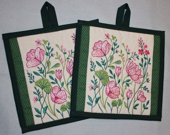 Set of Two - Machine Embroidered 8.5inch Square Trivet or Pot Holder - Floral Design with White and Green Background - Pink Poppies