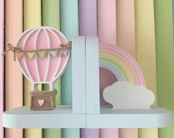 Hot air balloon bookends, hot air balloon decor, hot air balloon nursery, nursery decor, children’s bookends, hot air balloon, pastel decor