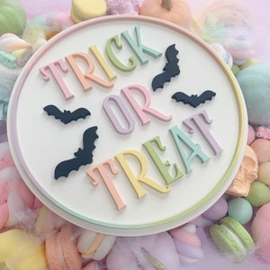 Trick or treat, Halloween sign, Halloween plaque, Halloween decor, bat theme, Halloween party decor, pink Halloween