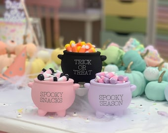 Pastel halloween cauldron, Mini cauldron decor, Halloween tiered tray decor, Halloween party decor, Halloween centerpiece