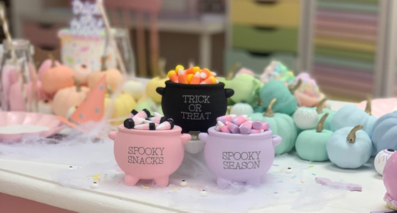 Pastel halloween cauldron, Mini cauldron decor, Halloween tiered tray decor, Halloween party decor, Halloween centerpiece