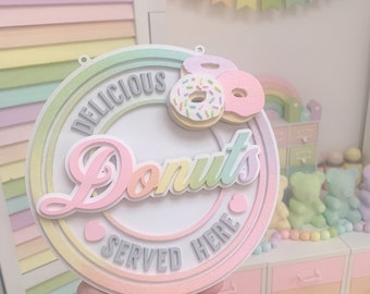 doughnut sign, doughnut plaque, doughnut decor, pastel doughnuts, candy theme party, candy prop, fake bakes, doughnut lover gift