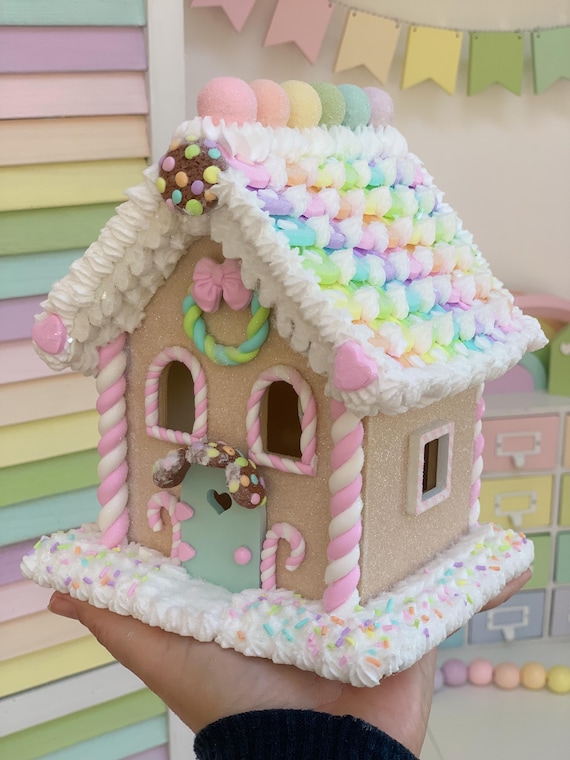 OOAK gingerbread lantern, pastel christmas village decor, handmade gingerbread house, collectable christmas