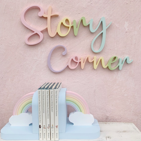 story corner, Art corner sign, personalised sign, wall words, rainbow decor, art room, nursery decor, pastel rainbow nursery,