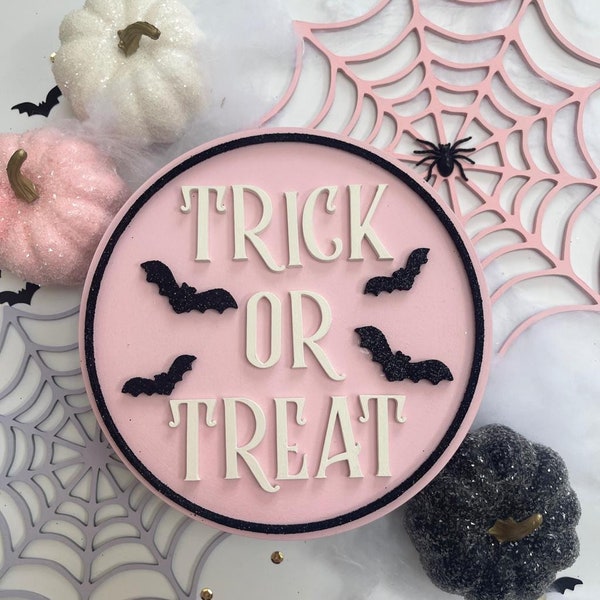 Trick or treat, Halloween sign, Halloween plaque, Halloween decor, bat theme, Halloween party decor, pink Halloween