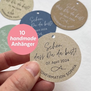 Anhänger Konfirmation/Kommunion, Schön dass du da bist, personalisiert, 10er Set