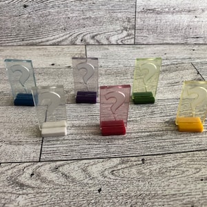 Clear Set of 6 Clue Suspect Tokens, Clue Game Pieces, Clue Question Mark Tokens, Clue Board Game Pieces, Plastic Game Pieces Clue
