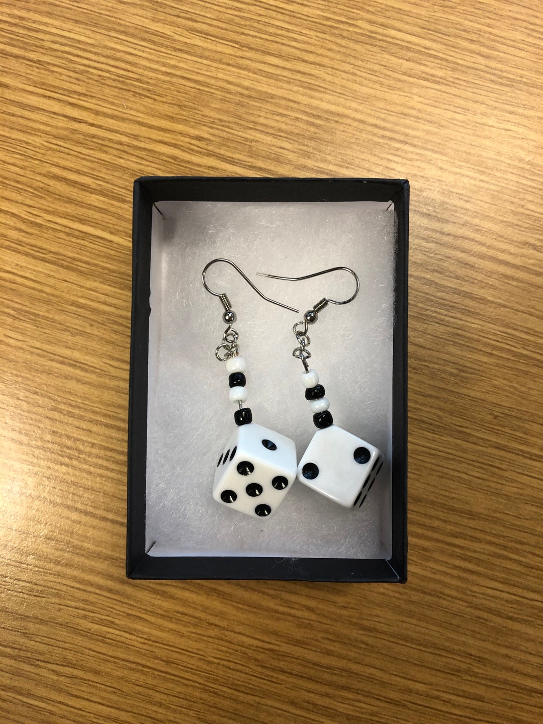 Black and White Dice Dangle Earrings, D6 Dice Earrings, Lucky Dice
