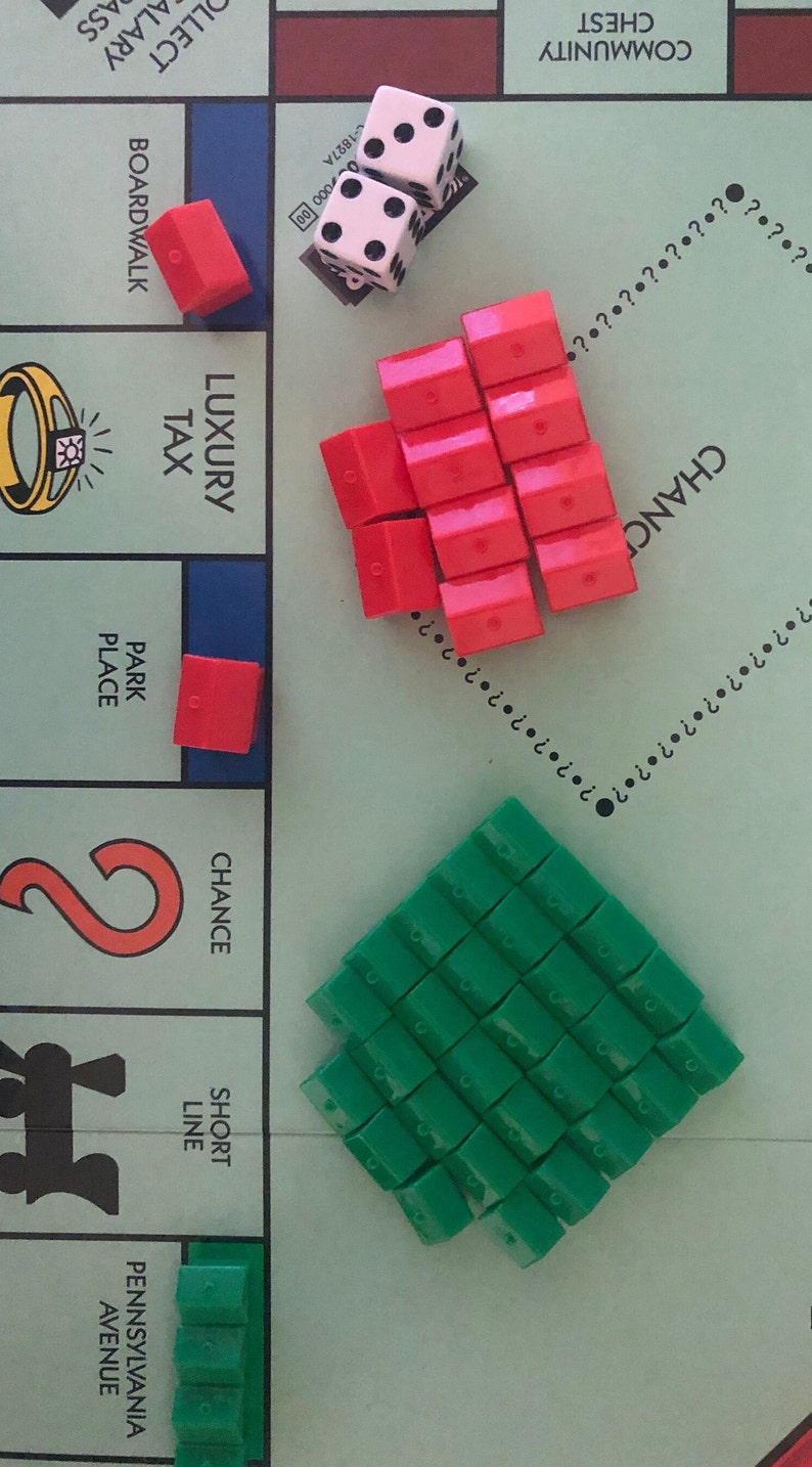 Red Properties In Monopoly Monopoly Game Pieces: Green Houses & Red Hotels Set + Dice - Etsy