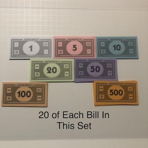 Può includere: Una collezione di banconote del gioco Monopoly, con valori di 1, 5, 10, 20, 50, 100 e 500. Ogni banconota presenta il logo Monopoly e la denominazione. È presente anche il testo "20 of Each Bill In This Set".