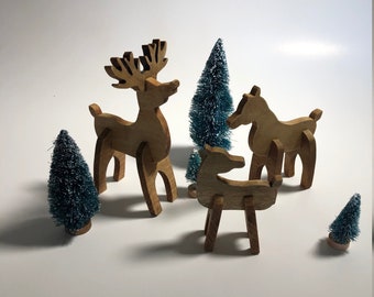 Reindeer Family Christmas Decorations, Reindeer Ornament Set, Handmade Wood Reindeer, Wooden Deer Family Christmas Decor