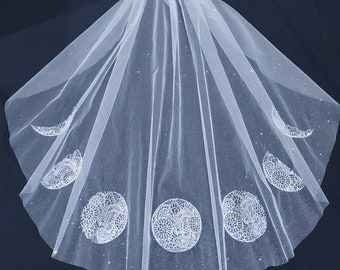 New Moon: Sparkling Ivory Embroidered Veil feat. Phases of the Moon