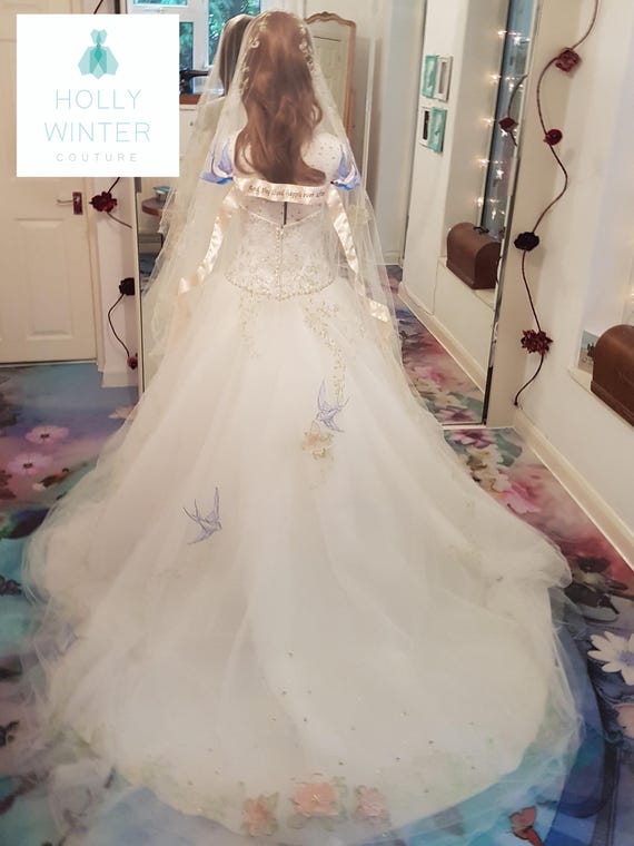 Happily Ever After fairytale embroidered veil in ivory, cream, pink, blue and green birds and roses, hand embellished with 3D beaded flowers