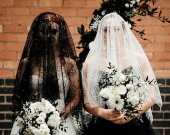 Cobwebs & Crystals gothic spiderweb wedding fingertip veil in white or black