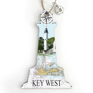 Key West, FL Lighthouse Shaped Wood Map Ornament