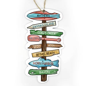 May include: A wooden signpost with multiple directional arrows pointing to different locations. The signpost is decorated with a nautical theme and features names like "Mathews", "Gwynns Island", "Cobbs Creek", "Hallieford", "Haven Beach", "Moon", "Bethel Beach", "Horn Harbor", and "Bavon".