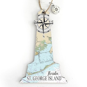 St. George Island, FL Lighthouse Shaped Wood Map Ornament