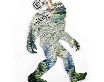 Olympic National Park Big Foot Sasquatch Shaped Wood Map Ornament