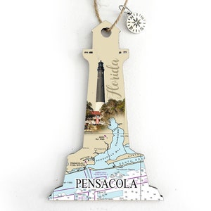 Pensacola, FL Lighthouse Shaped Wood Map Ornament