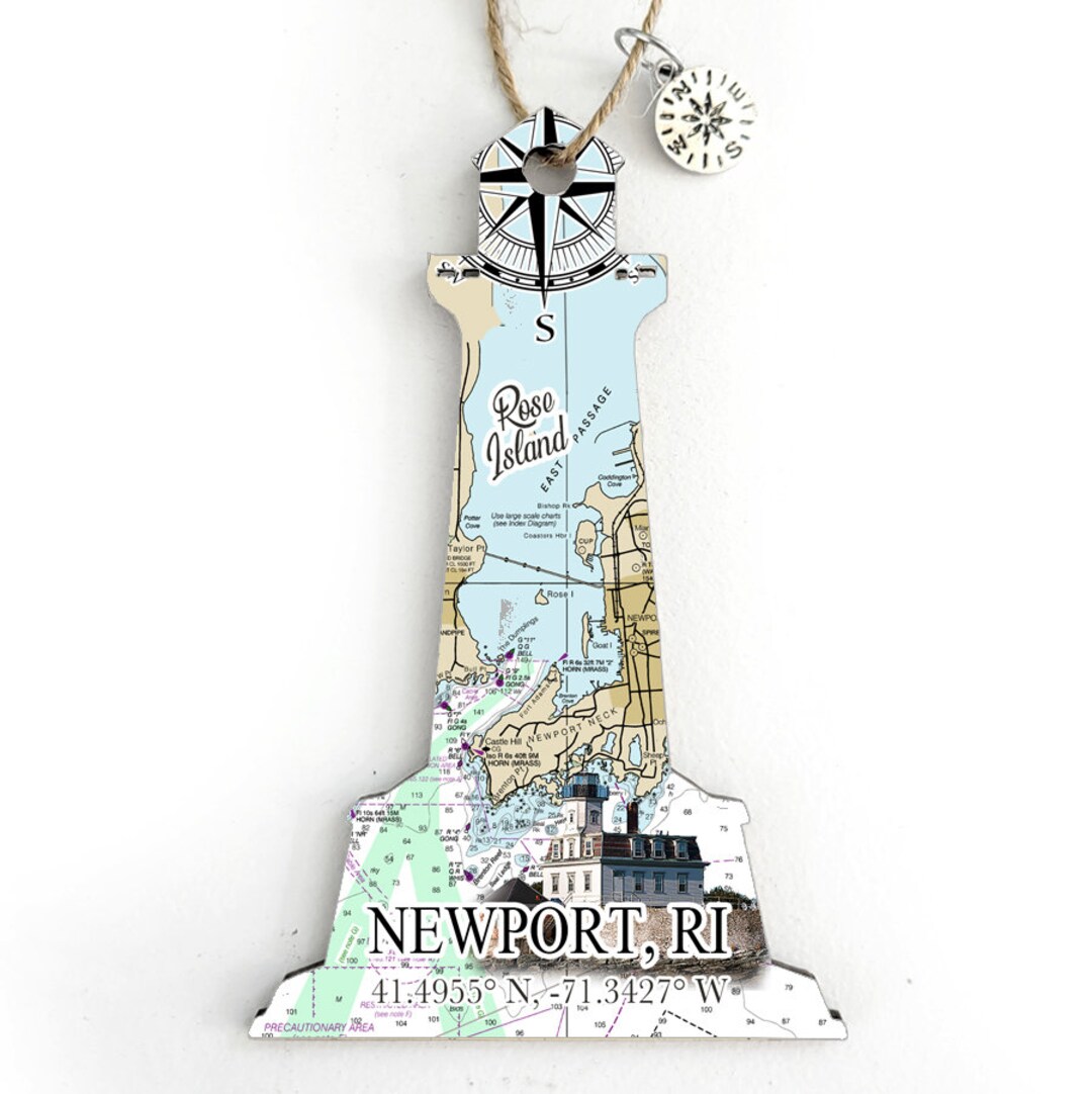 Newport, RI Rose Island Lighthouse Shaped Wood Map Ornament Etsy