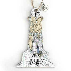Boothbay Harbor, ME Lighthouse Shaped Wood Map Ornament