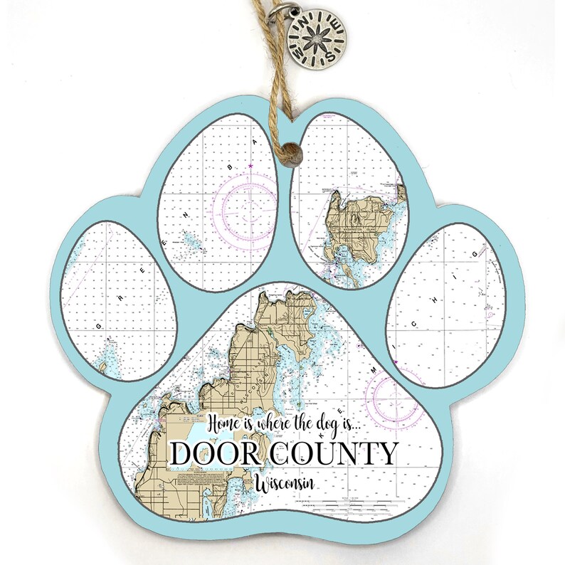 Door County, WI Paw Print Shaped Wood Map Ornament Etsy