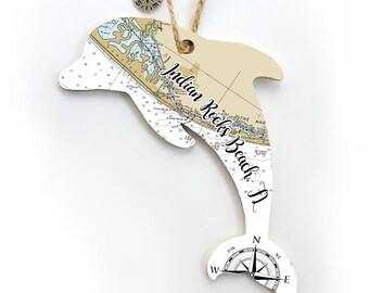 Indian Rocks Beach, FL Dolphin Shaped Wood Map Ornament