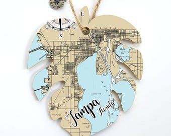 Tampa, FL Palm Leaf Wood Shaped Map Ornament