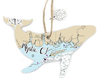 Mystic, CT Shaped Wood Map Ornaments-Various Shapes