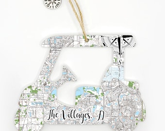 The Villages, FL Golf Cart Shaped Wood Map Ornament