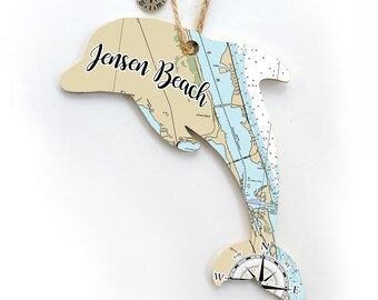 Jensen Beach, FL Dolphin Shaped Wood Map Ornament