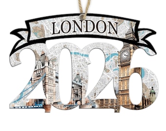London, England YEAR Shaped Wood Map Ornament