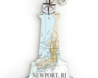 Newport, RI Lighthouse Shaped Wood Map Ornament