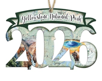 Yellowstone National Park Custom YEAR Shaped Wood Map Ornament