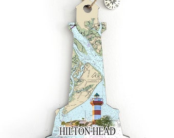 Hilton Head, SC Lighthouse Shaped Wood Map Ornament