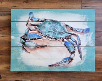 Wood Pallet Style Blue Crab Art 18x24 Inches- Customizable