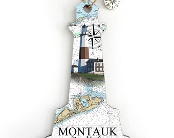 Montauk, NY Lighthouse Shaped Wood Map Ornament