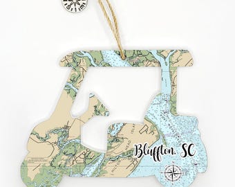 Bluffton, SC Golf Cart Shaped Wood Map Ornament